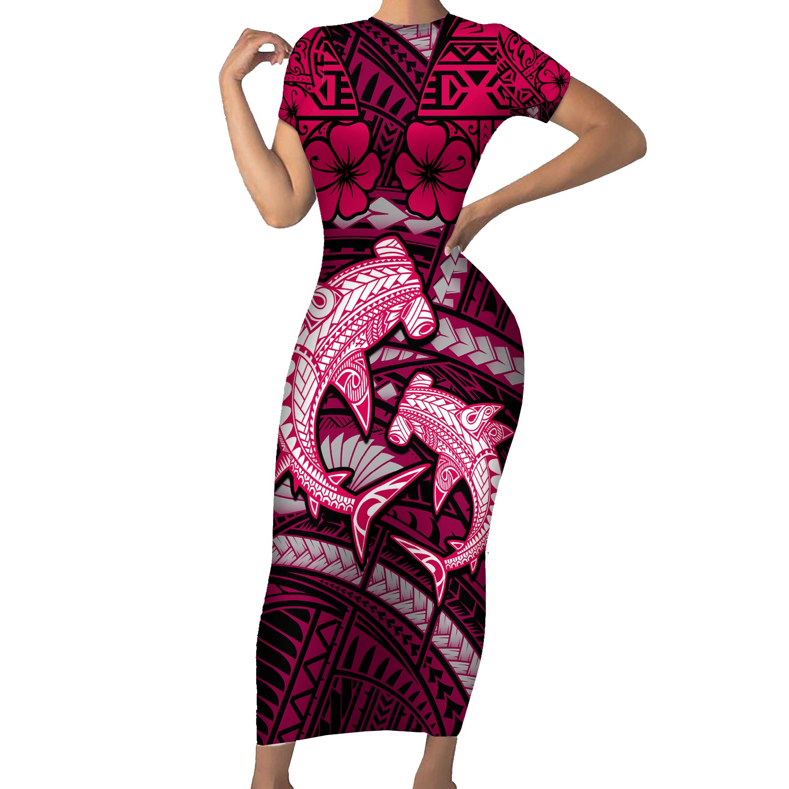 Polynesian Shark Valentine Day Short Sleeve Bodycon Dress Hibiscus and Tribal Tattoo Pink Style LT03 Long Dress Pink - Polynesian Pride