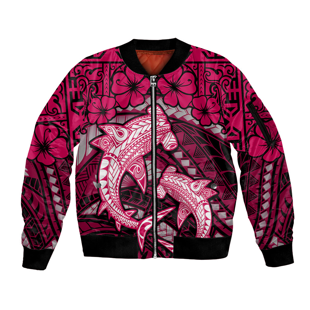 Polynesian Shark Valentine Day Sleeve Zip Bomber Jacket Hibiscus and Tribal Tattoo Pink Style LT03 Unisex Pink - Polynesian Pride