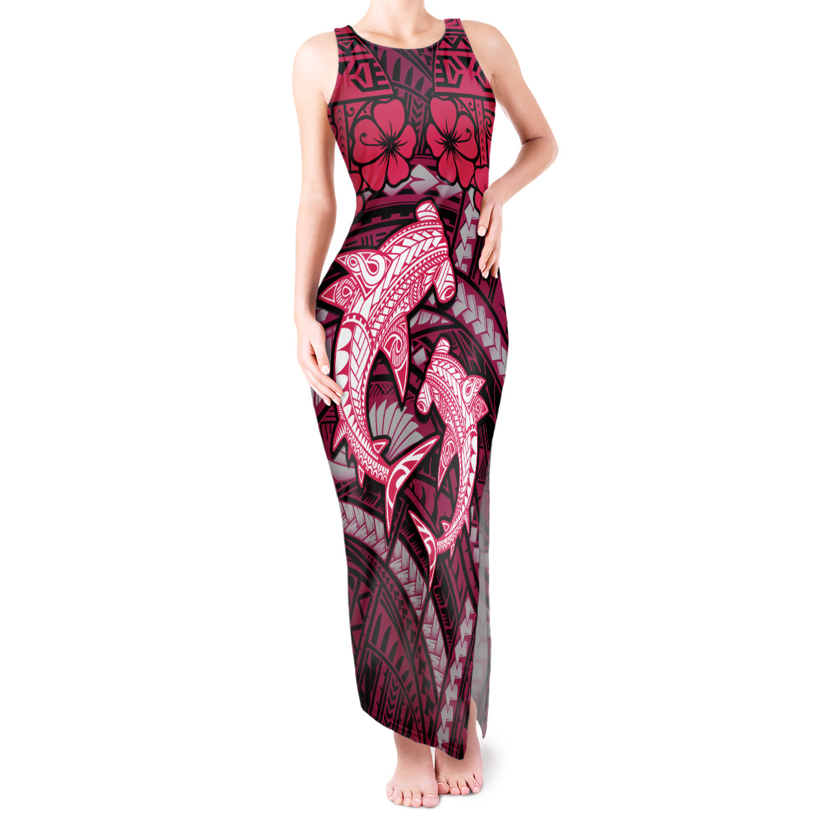 Polynesian Shark Valentine Day Tank Maxi Dress Hibiscus and Tribal Tattoo Pink Style LT03 Women Pink - Polynesian Pride