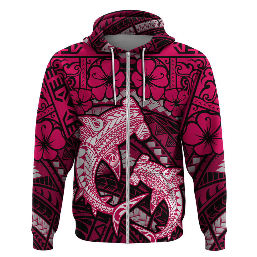 Polynesian Shark Valentine Day Zip Hoodie Hibiscus and Tribal Tattoo Pink Style LT03 Zip Hoodie Pink - Polynesian Pride