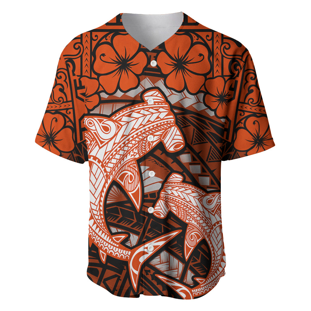 Polynesian Shark Valentine Day Baseball Jersey Hibiscus and Tribal Tattoo Orange Style LT03 Orange - Polynesian Pride