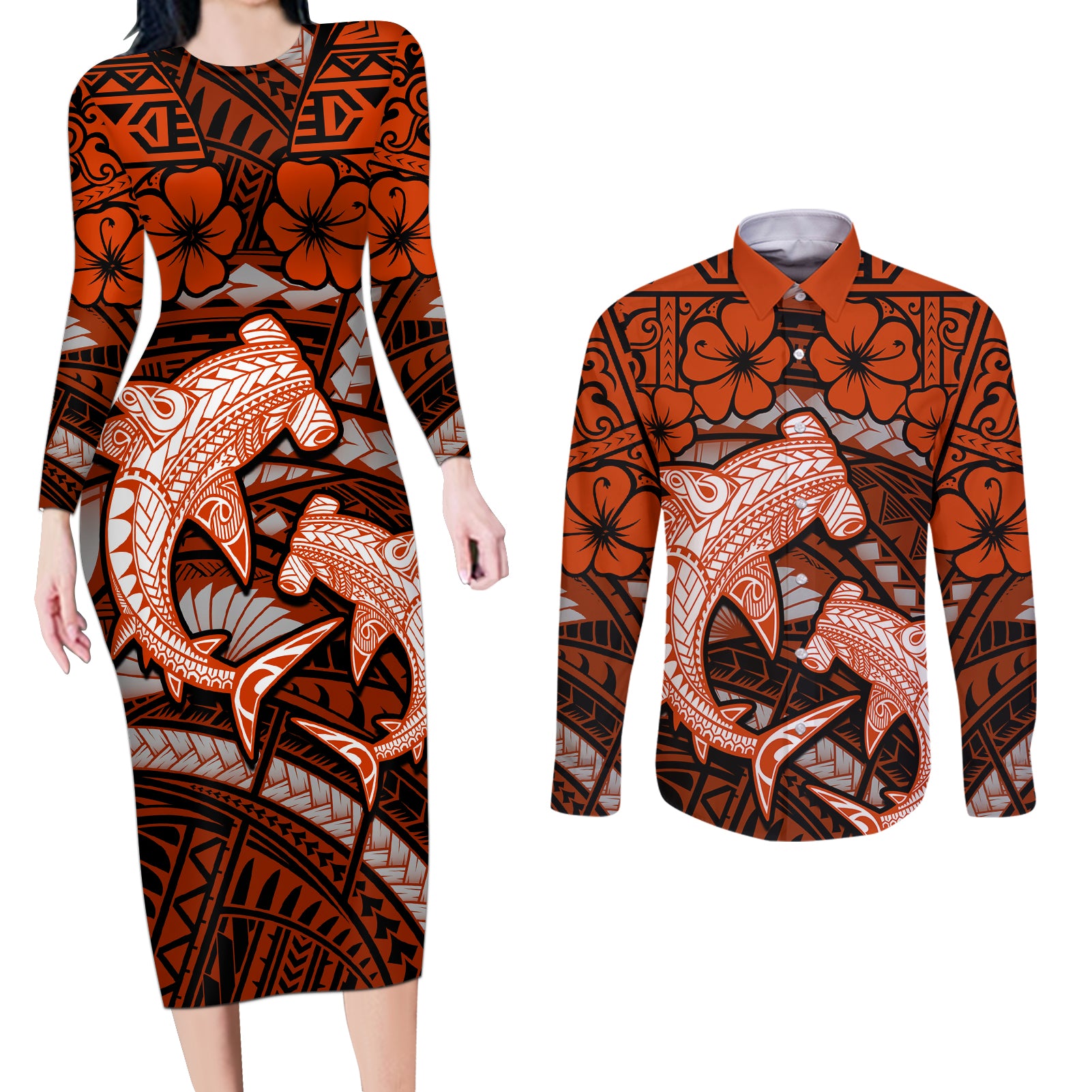 Polynesian Shark Valentine Day Couples Matching Long Sleeve Bodycon Dress and Long Sleeve Button Shirt Hibiscus and Tribal Tattoo Orange Style LT03 Orange - Polynesian Pride