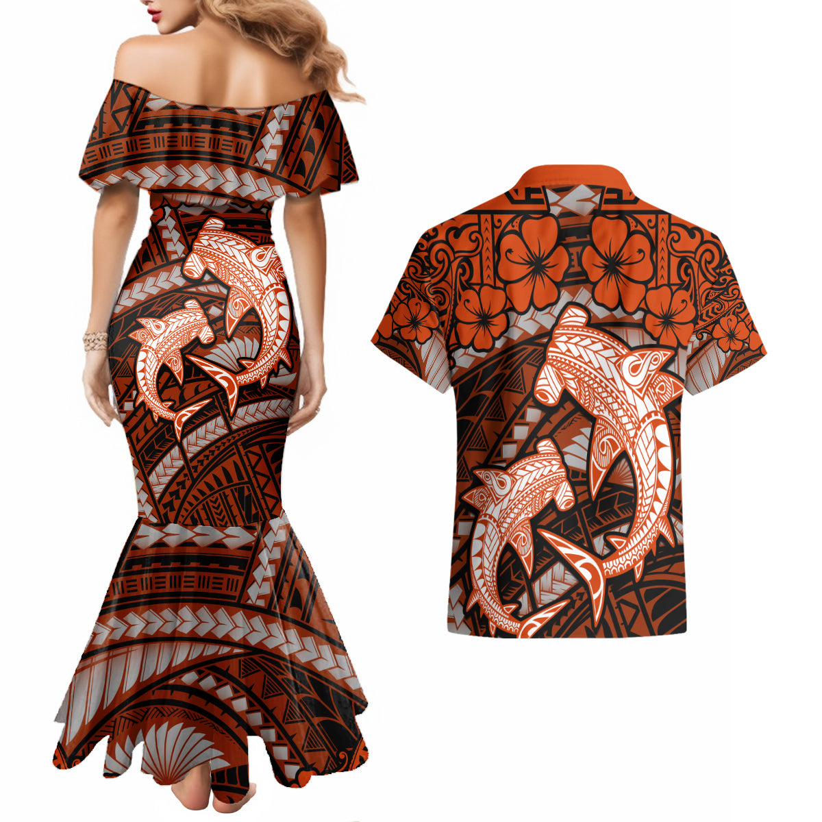 Polynesian Shark Valentine Day Couples Matching Mermaid Dress and Hawaiian Shirt Hibiscus and Tribal Tattoo Orange Style LT03 - Polynesian Pride