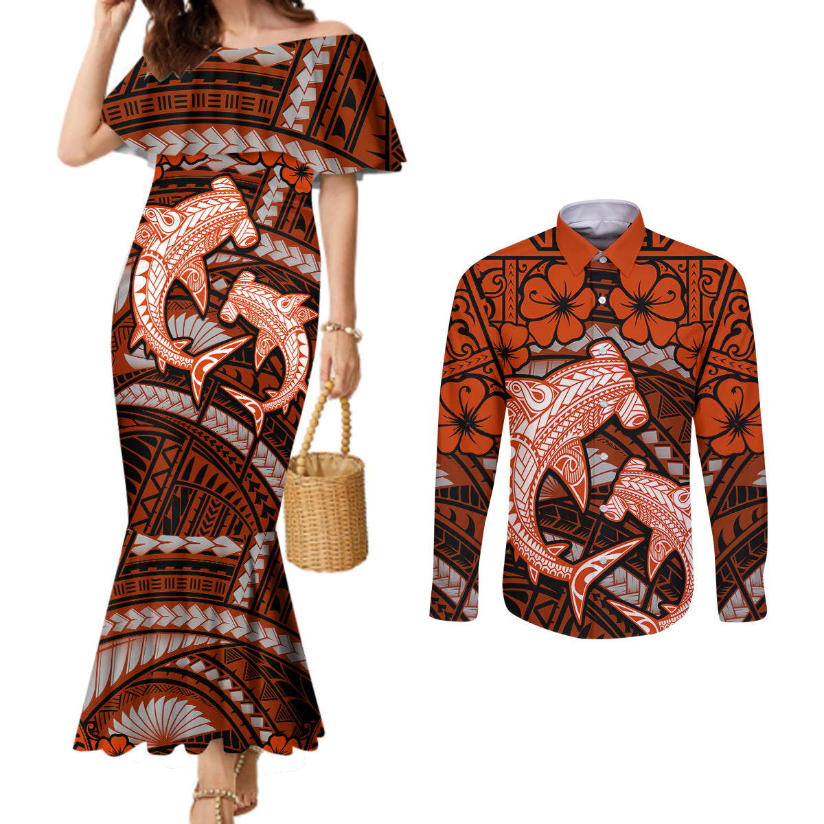 Polynesian Shark Valentine Day Couples Matching Mermaid Dress and Long Sleeve Button Shirt Hibiscus and Tribal Tattoo Orange Style LT03 Orange - Polynesian Pride