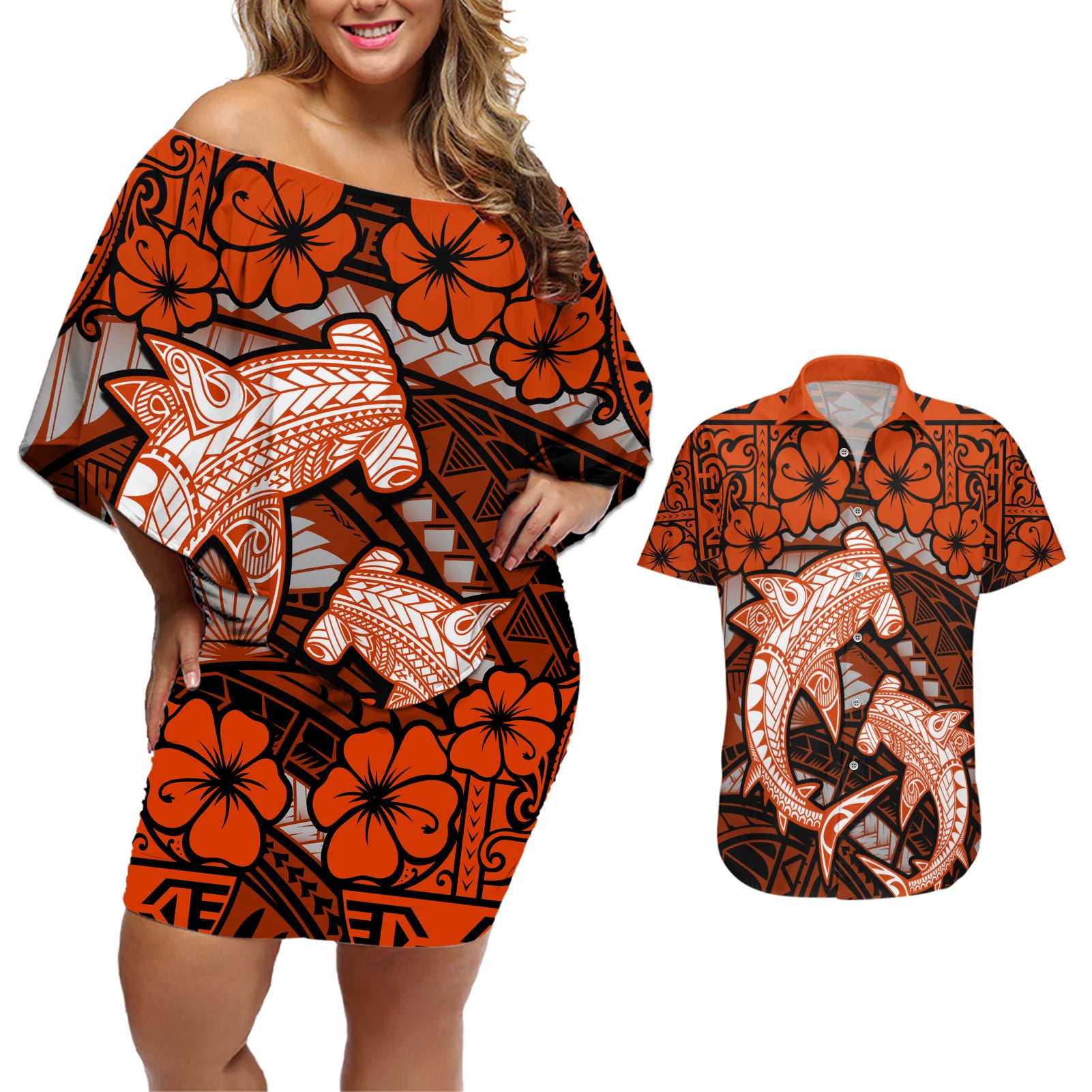 Polynesian Shark Valentine Day Couples Matching Off Shoulder Short Dress and Hawaiian Shirt Hibiscus and Tribal Tattoo Orange Style LT03 Orange - Polynesian Pride