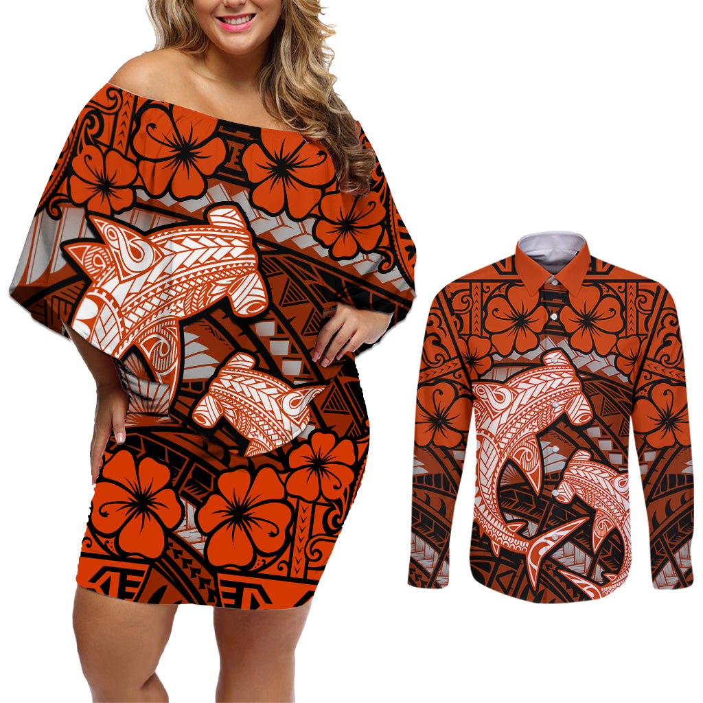 Polynesian Shark Valentine Day Couples Matching Off Shoulder Short Dress and Long Sleeve Button Shirt Hibiscus and Tribal Tattoo Orange Style LT03 Orange - Polynesian Pride