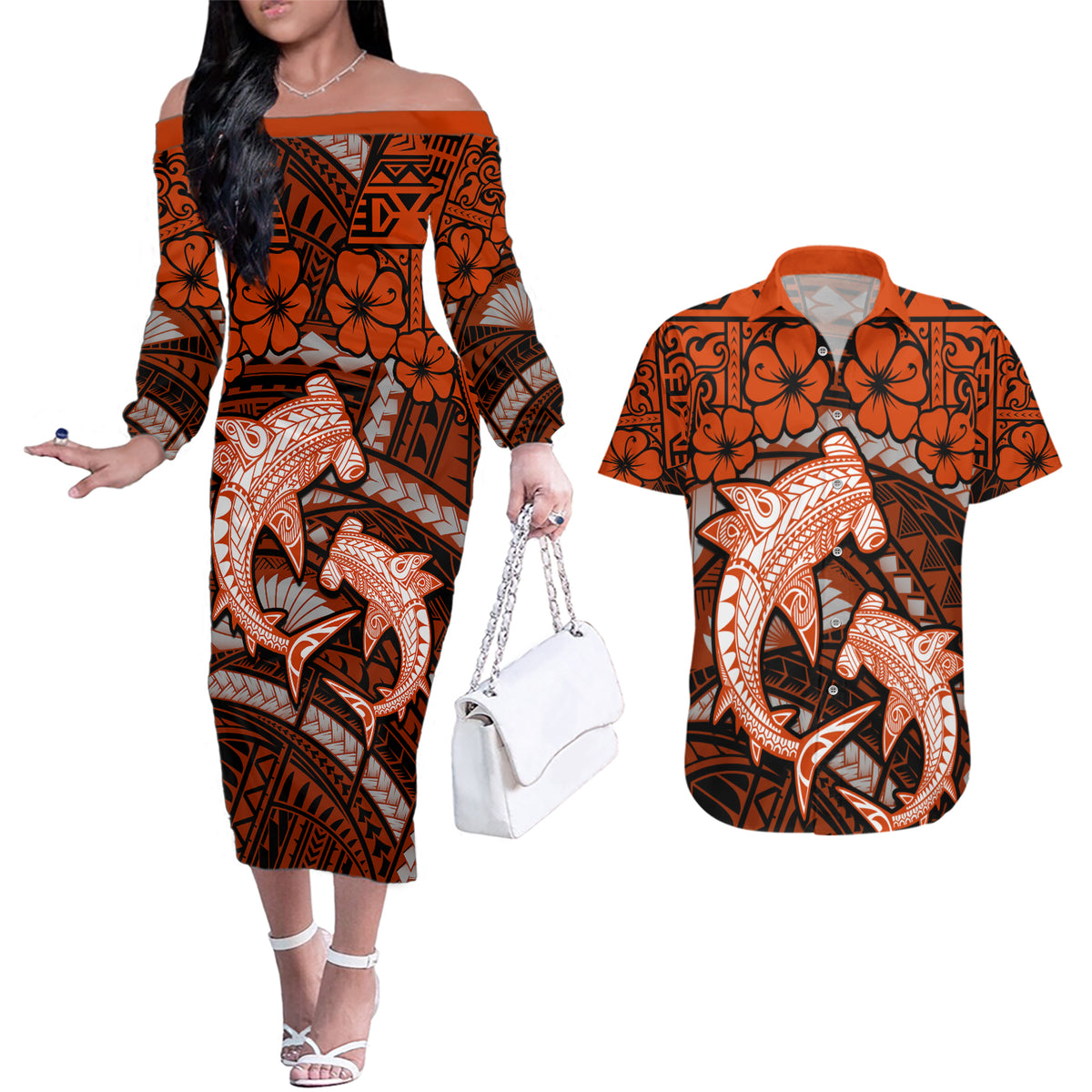 Polynesian Shark Valentine Day Couples Matching Off The Shoulder Long Sleeve Dress and Hawaiian Shirt Hibiscus and Tribal Tattoo Orange Style LT03 Orange - Polynesian Pride
