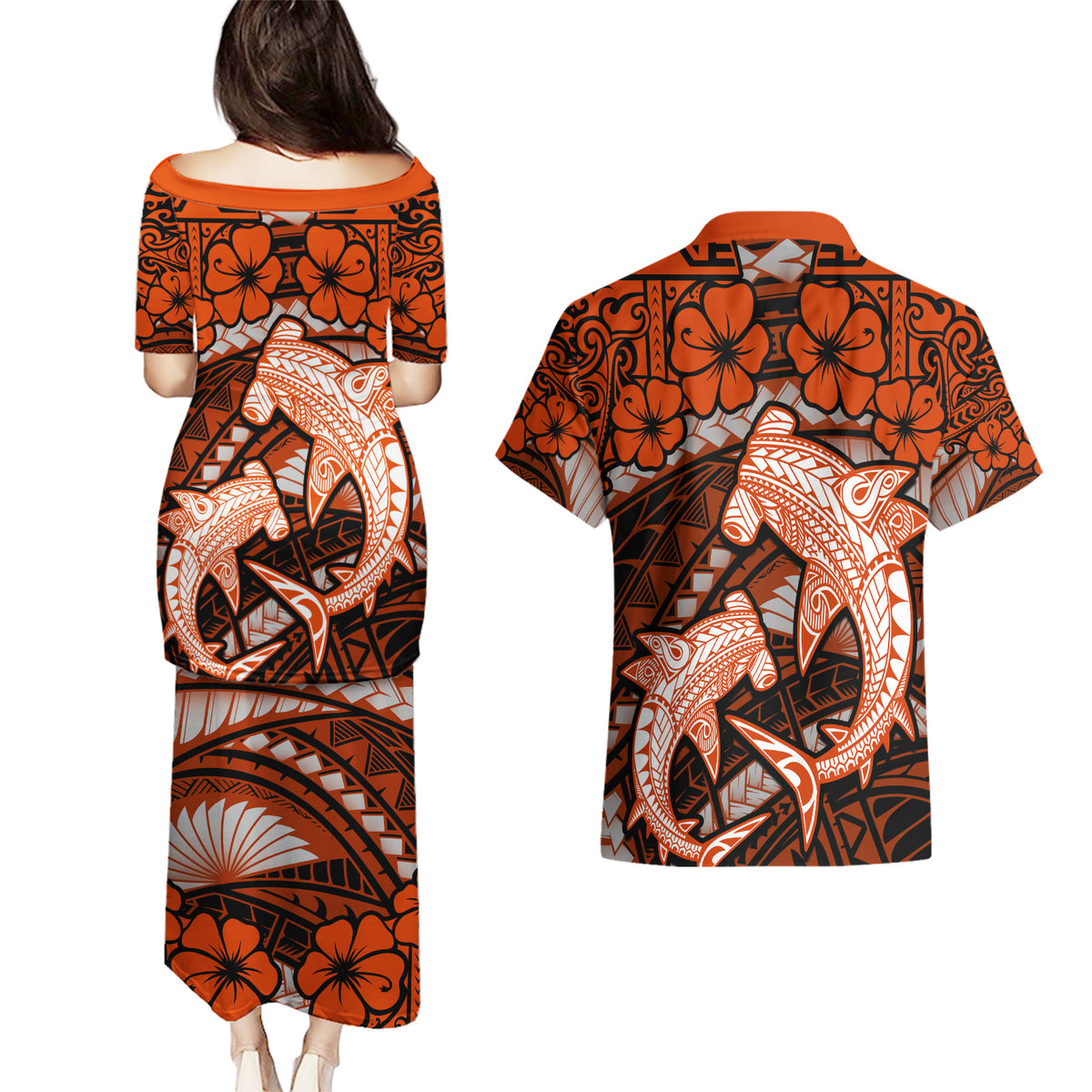 Polynesian Shark Valentine Day Couples Matching Puletasi and Hawaiian Shirt Hibiscus and Tribal Tattoo Orange Style LT03 - Polynesian Pride
