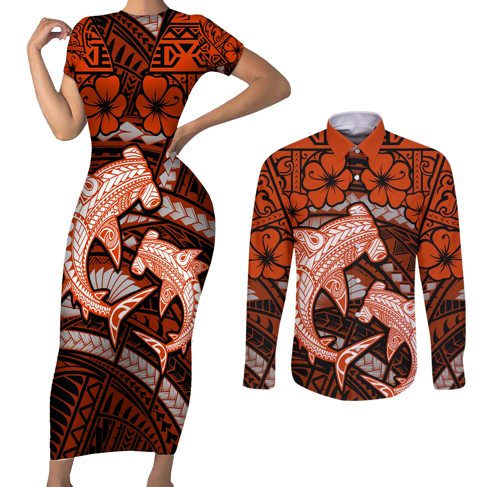 Polynesian Shark Valentine Day Couples Matching Short Sleeve Bodycon Dress and Long Sleeve Button Shirt Hibiscus and Tribal Tattoo Orange Style LT03 Orange - Polynesian Pride