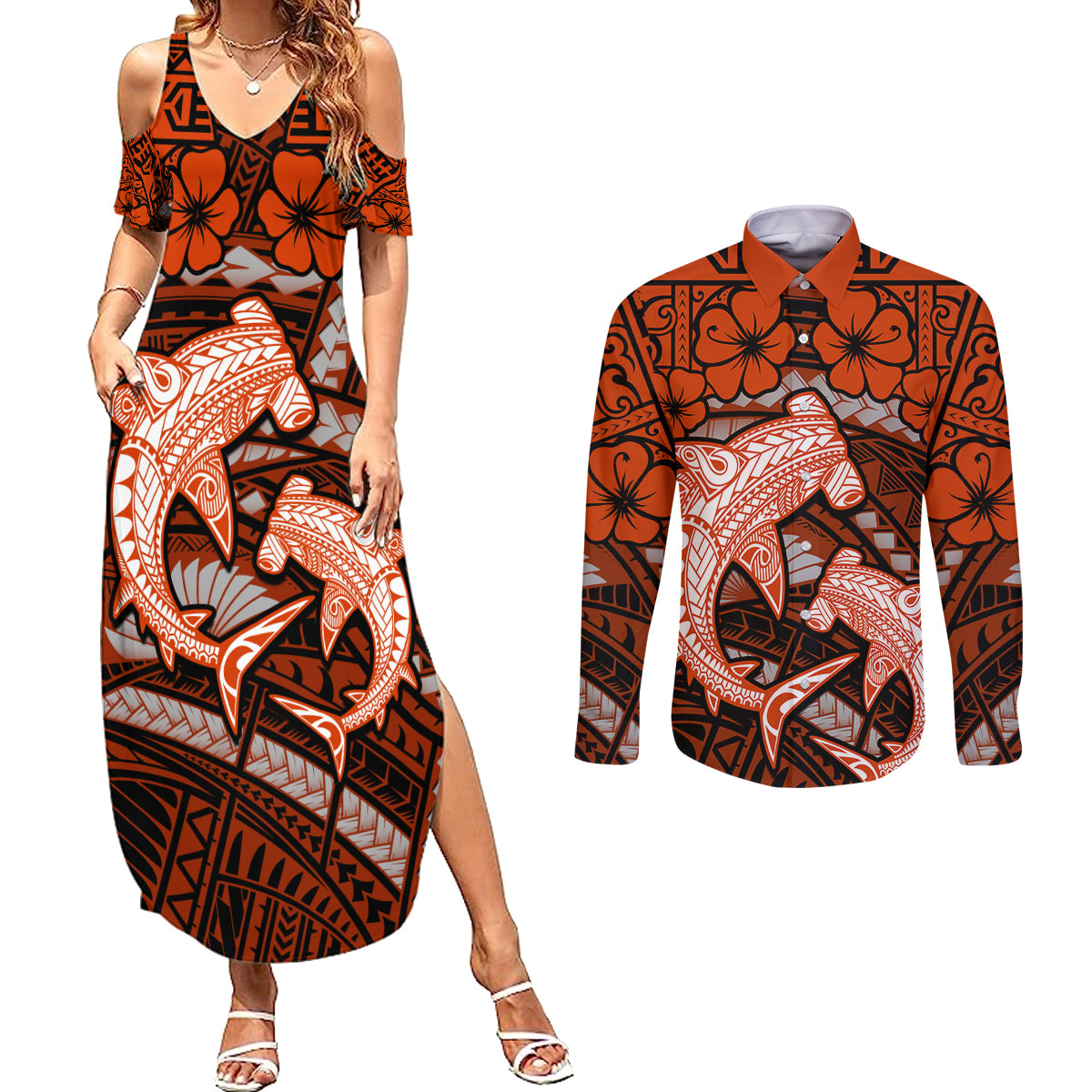 Polynesian Shark Valentine Day Couples Matching Summer Maxi Dress and Long Sleeve Button Shirt Hibiscus and Tribal Tattoo Orange Style LT03 Orange - Polynesian Pride