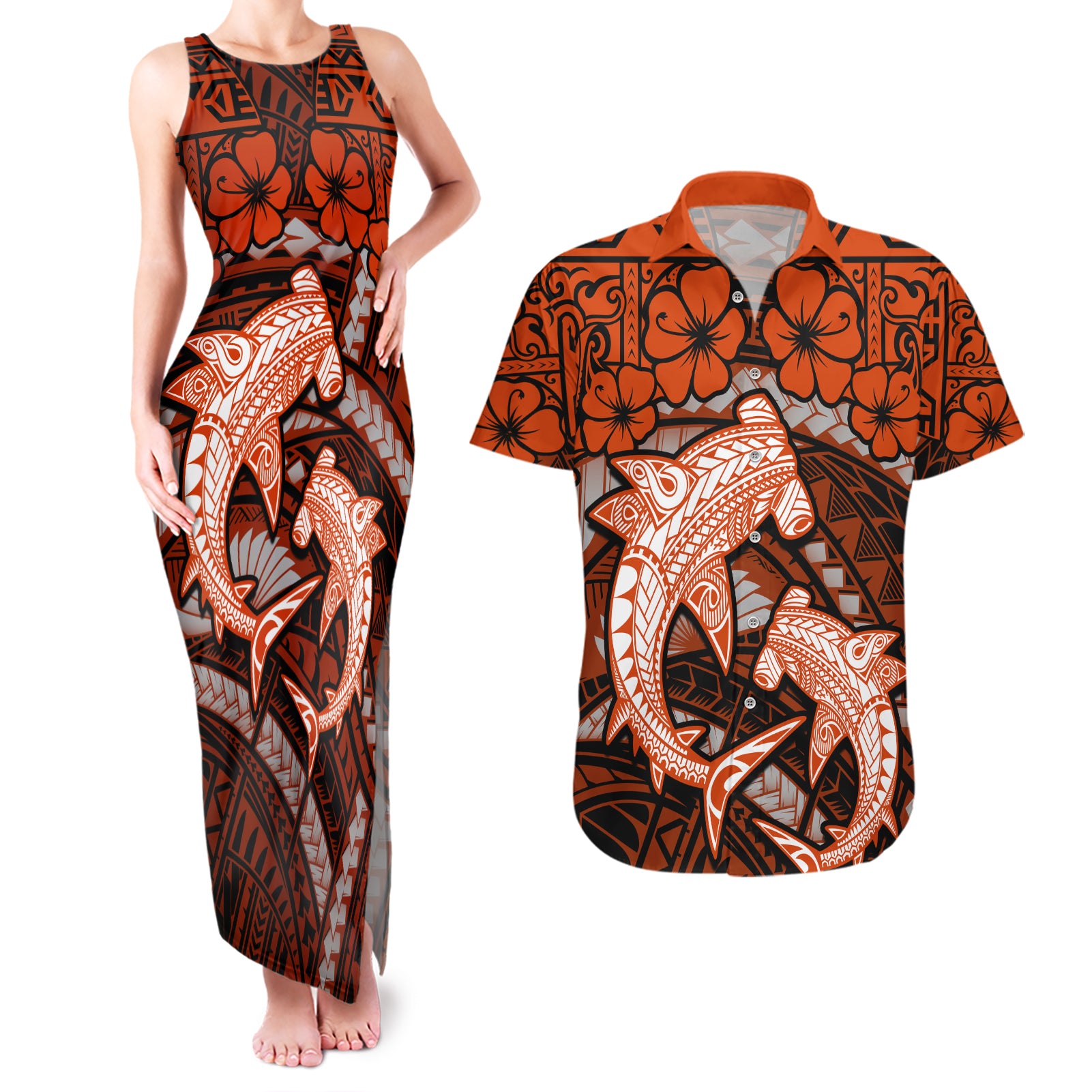 Polynesian Shark Valentine Day Couples Matching Tank Maxi Dress and Hawaiian Shirt Hibiscus and Tribal Tattoo Orange Style LT03 Orange - Polynesian Pride