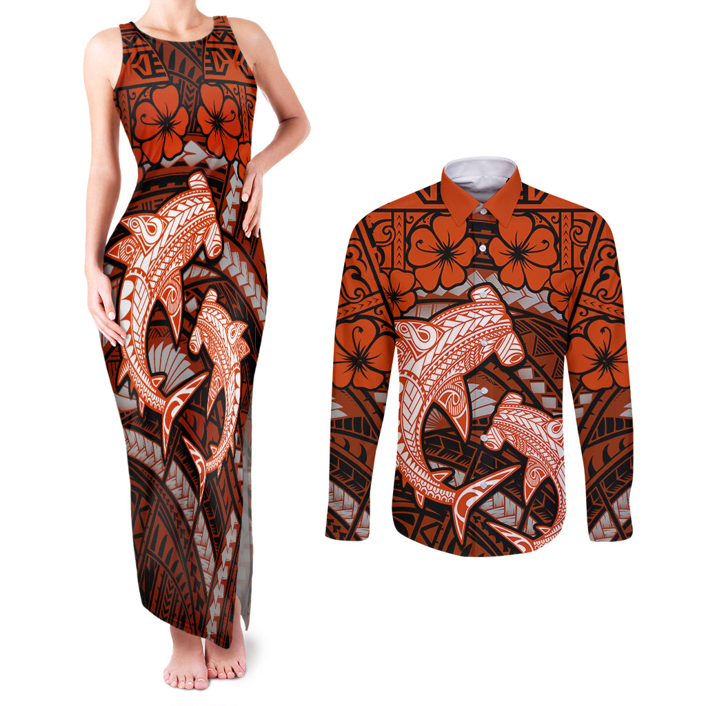 Polynesian Shark Valentine Day Couples Matching Tank Maxi Dress and Long Sleeve Button Shirt Hibiscus and Tribal Tattoo Orange Style LT03 Orange - Polynesian Pride