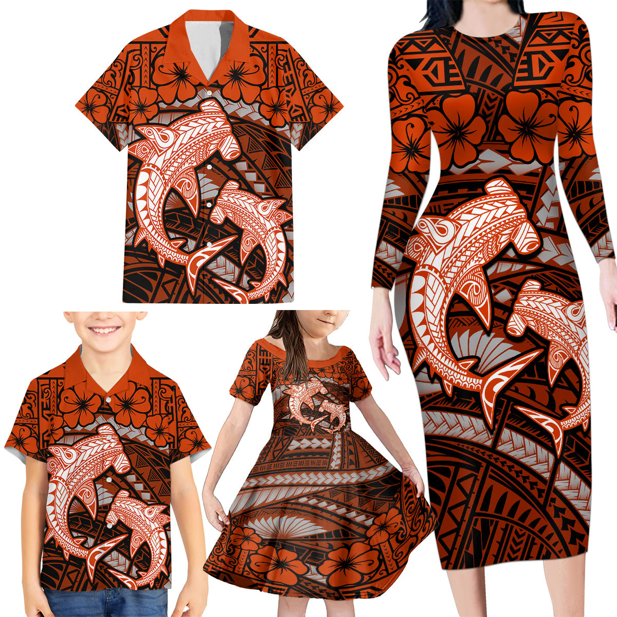 Polynesian Shark Valentine Day Family Matching Long Sleeve Bodycon Dress and Hawaiian Shirt Hibiscus and Tribal Tattoo Orange Style LT03 - Polynesian Pride