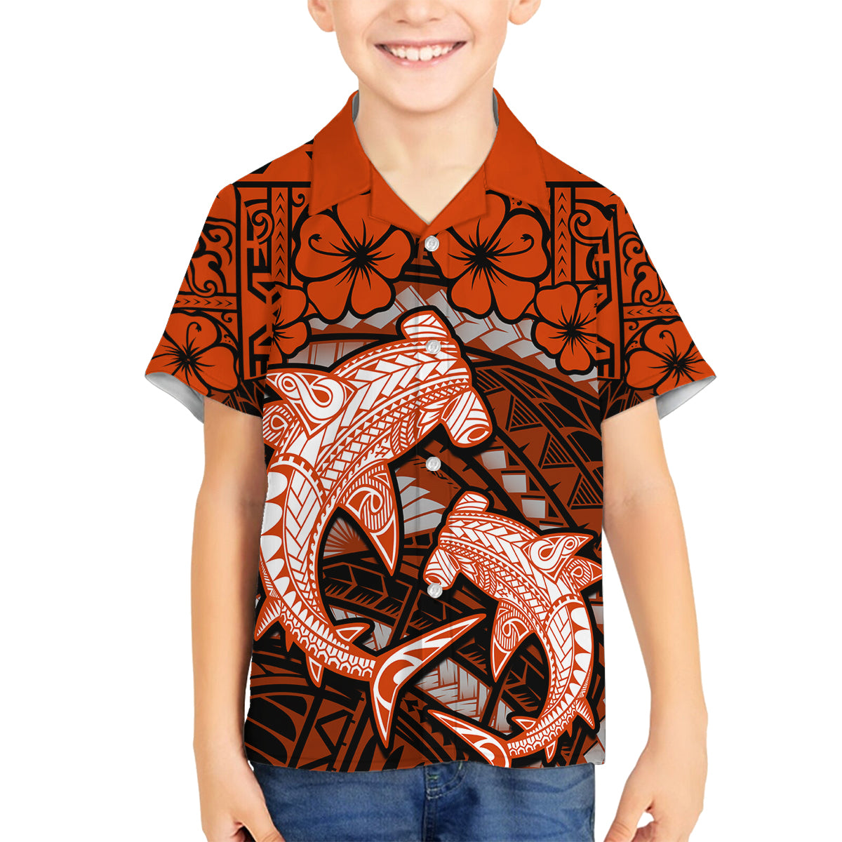 Polynesian Shark Valentine Day Family Matching Long Sleeve Bodycon Dress and Hawaiian Shirt Hibiscus and Tribal Tattoo Orange Style LT03 Son's Shirt Orange - Polynesian Pride