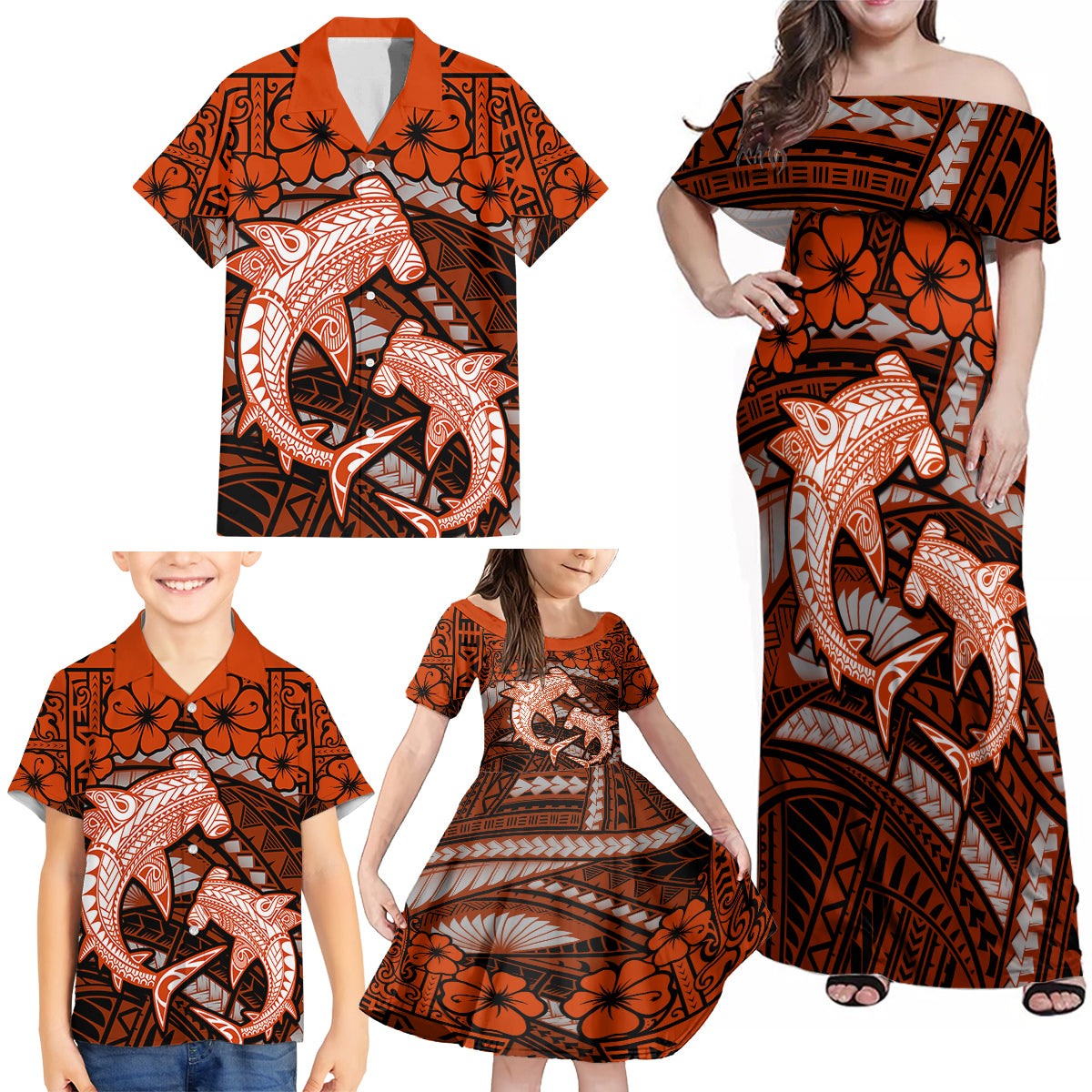 Polynesian Shark Valentine Day Family Matching Off Shoulder Maxi Dress and Hawaiian Shirt Hibiscus and Tribal Tattoo Orange Style LT03 - Polynesian Pride