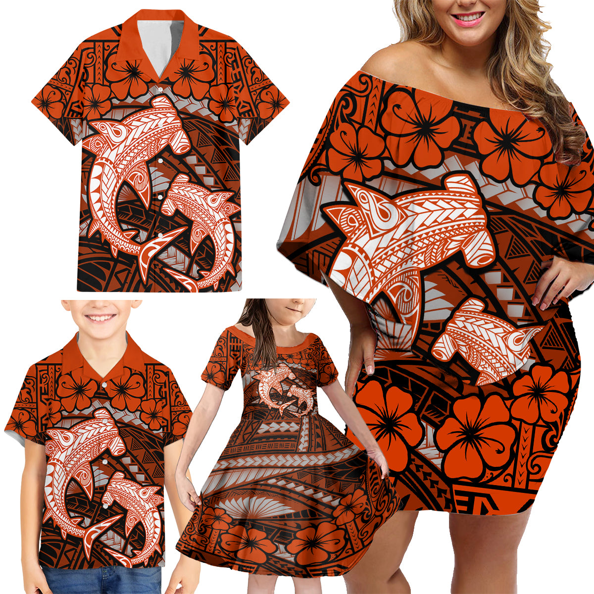 Polynesian Shark Valentine Day Family Matching Off Shoulder Short Dress and Hawaiian Shirt Hibiscus and Tribal Tattoo Orange Style LT03 - Polynesian Pride