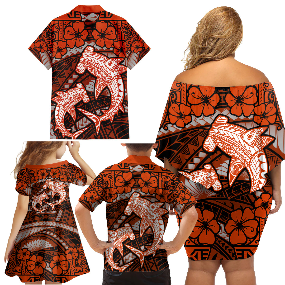 Polynesian Shark Valentine Day Family Matching Off Shoulder Short Dress and Hawaiian Shirt Hibiscus and Tribal Tattoo Orange Style LT03 - Polynesian Pride