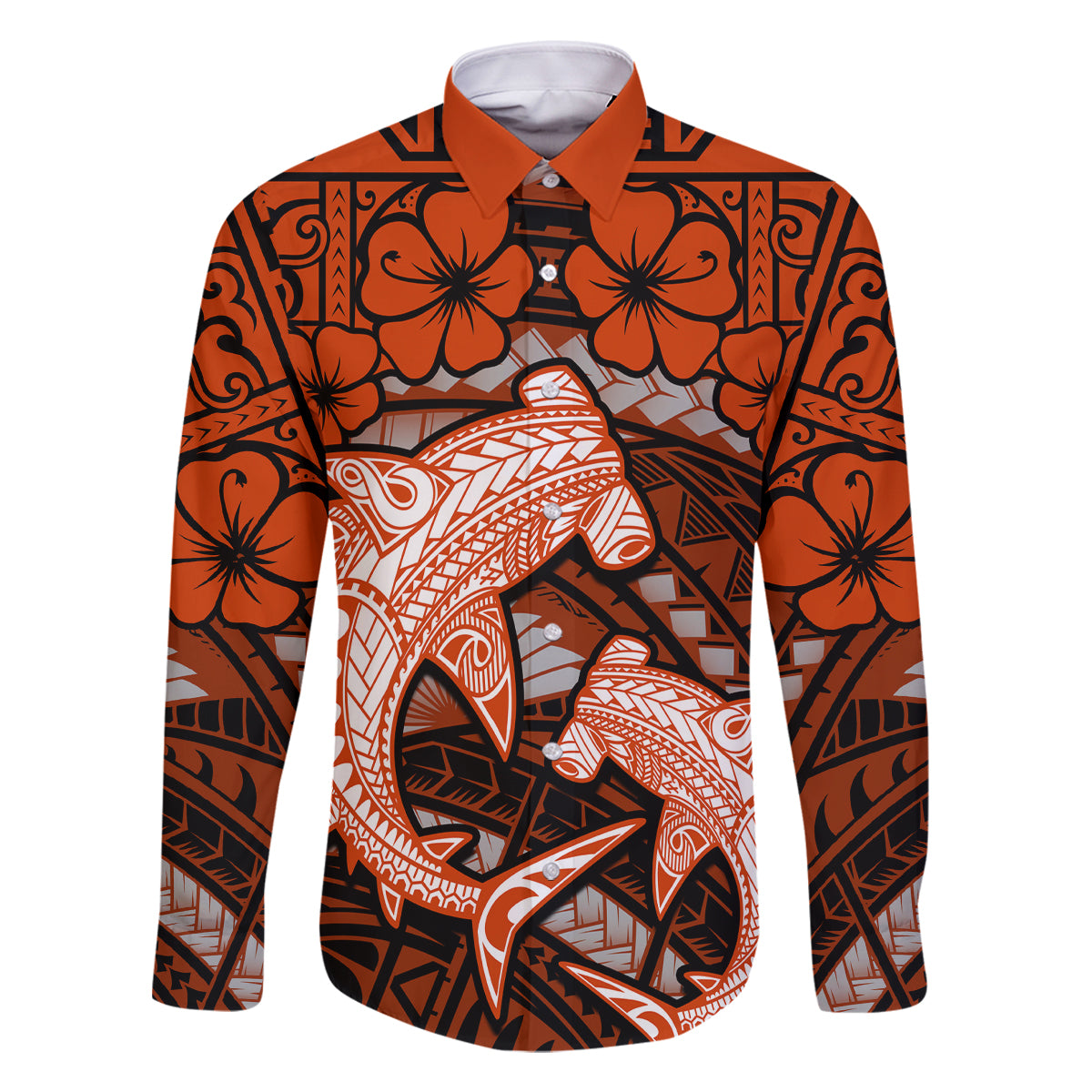 Polynesian Shark Valentine Day Family Matching Off Shoulder Short Dress and Hawaiian Shirt Hibiscus and Tribal Tattoo Orange Style LT03 Dad's Shirt - Long Sleeve Orange - Polynesian Pride