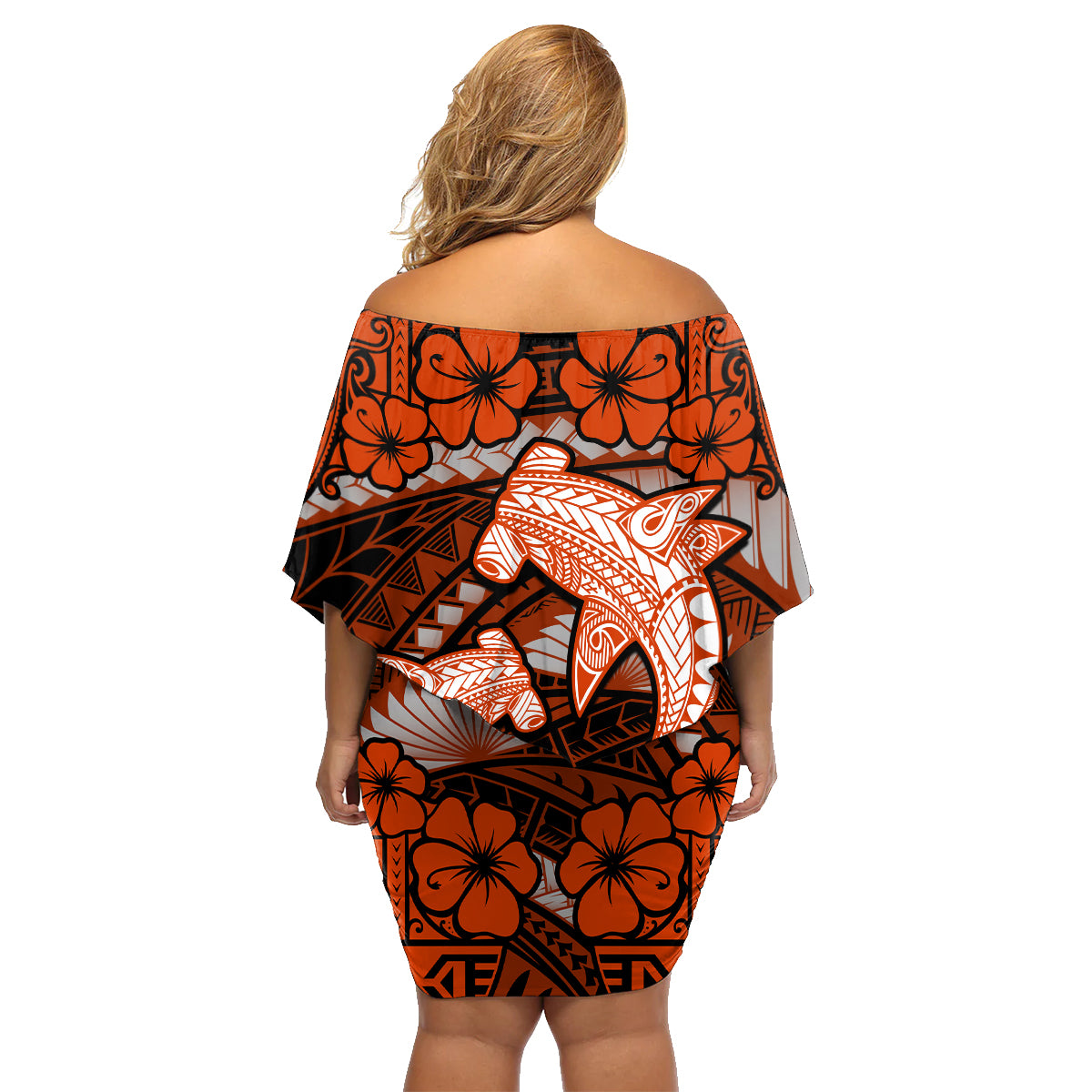 Polynesian Shark Valentine Day Family Matching Off Shoulder Short Dress and Hawaiian Shirt Hibiscus and Tribal Tattoo Orange Style LT03 - Polynesian Pride
