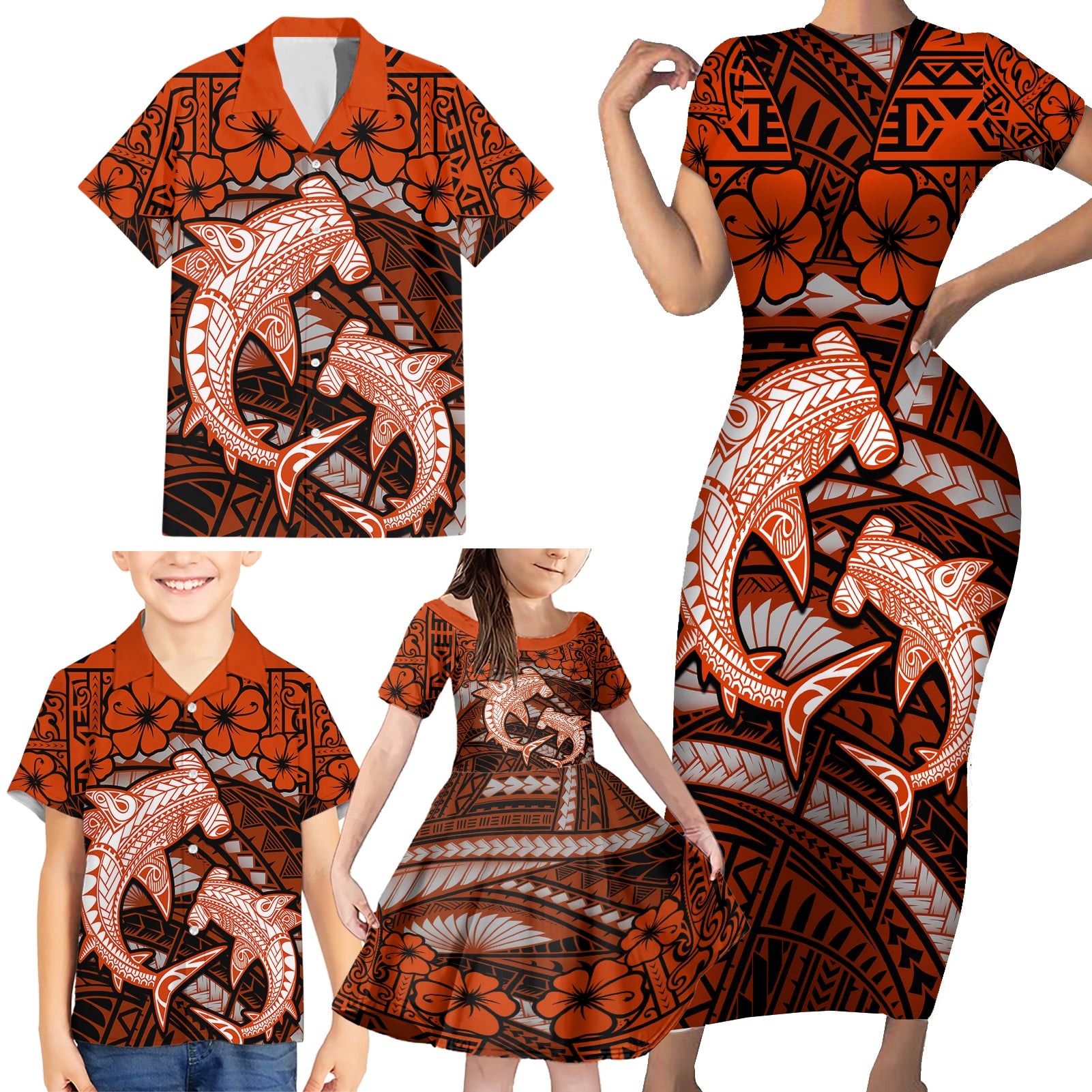 Polynesian Shark Valentine Day Family Matching Short Sleeve Bodycon Dress and Hawaiian Shirt Hibiscus and Tribal Tattoo Orange Style LT03 - Polynesian Pride