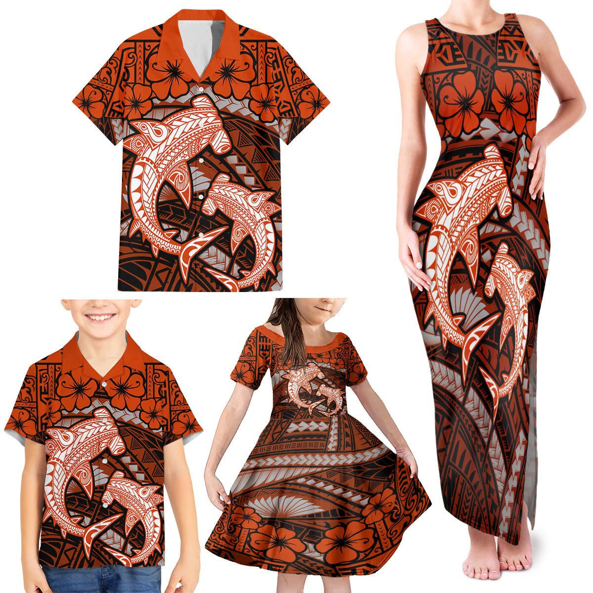 Polynesian Shark Valentine Day Family Matching Tank Maxi Dress and Hawaiian Shirt Hibiscus and Tribal Tattoo Orange Style LT03 - Polynesian Pride