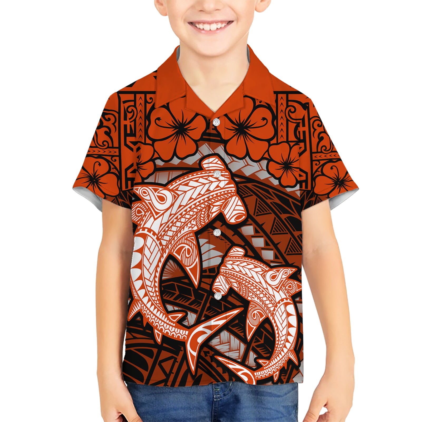 Polynesian Shark Valentine Day Kid Hawaiian Shirt Hibiscus and Tribal Tattoo Orange Style LT03 Kid Orange - Polynesian Pride