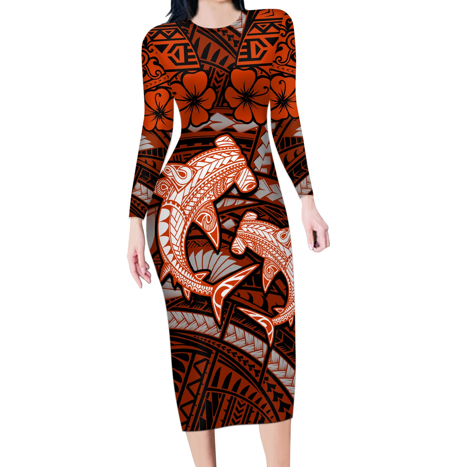 Polynesian Shark Valentine Day Long Sleeve Bodycon Dress Hibiscus and Tribal Tattoo Orange Style LT03 Long Dress Orange - Polynesian Pride