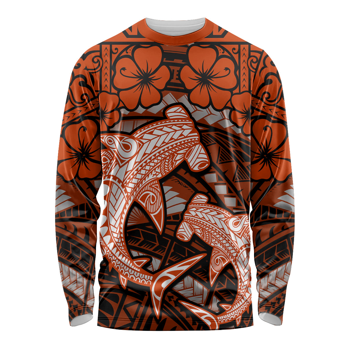 Polynesian Shark Valentine Day Long Sleeve Shirt Hibiscus and Tribal Tattoo Orange Style LT03 Unisex Orange - Polynesian Pride