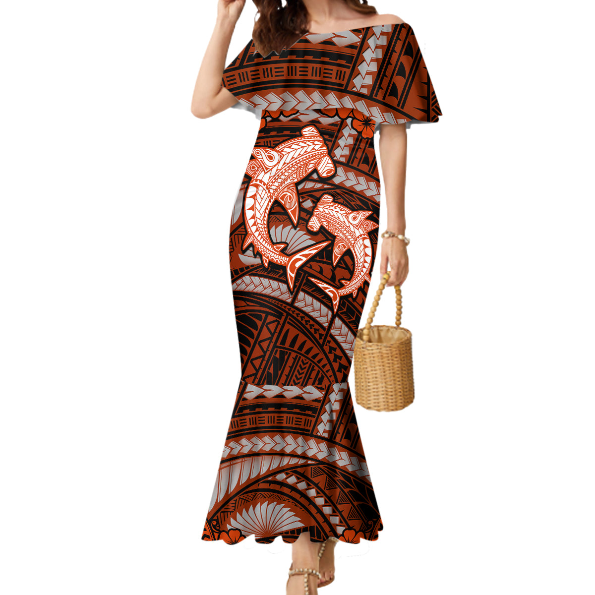 Polynesian Shark Valentine Day Mermaid Dress Hibiscus and Tribal Tattoo Orange Style LT03 Women Orange - Polynesian Pride