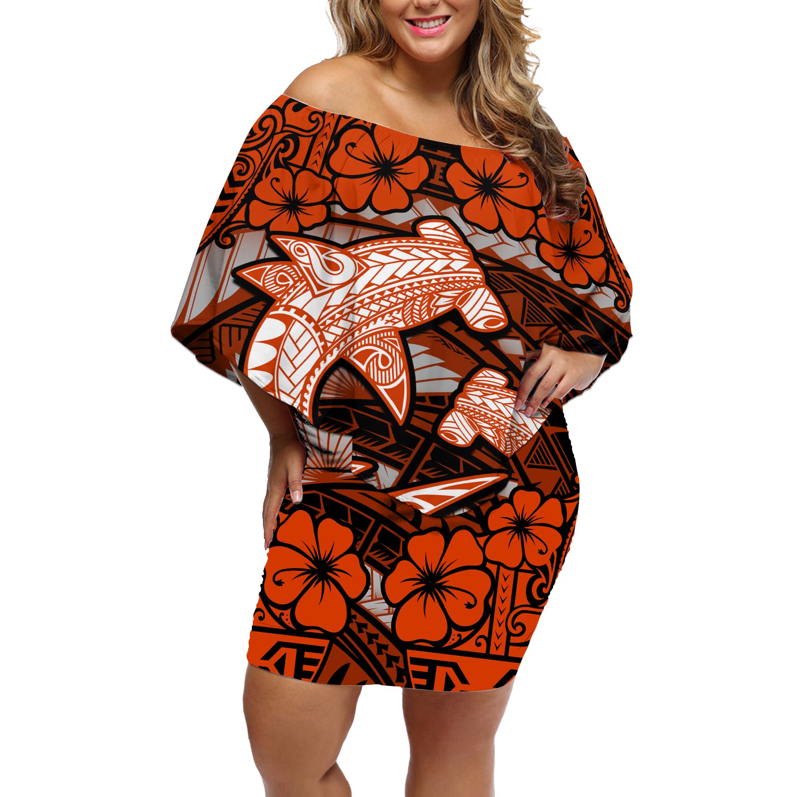 Polynesian Shark Valentine Day Off Shoulder Short Dress Hibiscus and Tribal Tattoo Orange Style LT03 Women Orange - Polynesian Pride