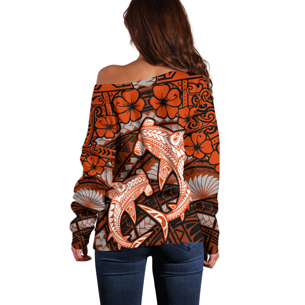 Polynesian Shark Valentine Day Off Shoulder Sweater Hibiscus and Tribal Tattoo Orange Style LT03 - Polynesian Pride