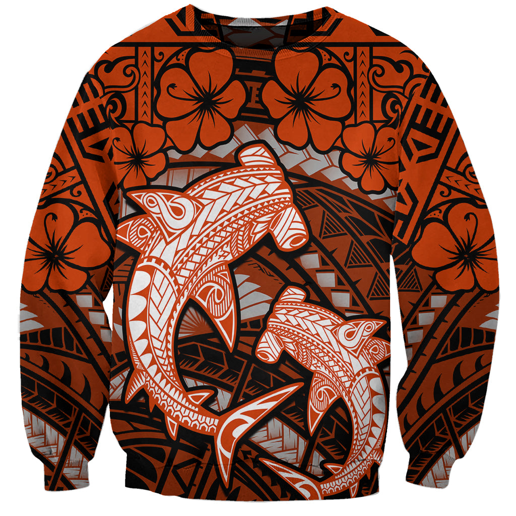 Polynesian Shark Valentine Day Sweatshirt Hibiscus and Tribal Tattoo Orange Style LT03 Unisex Orange - Polynesian Pride