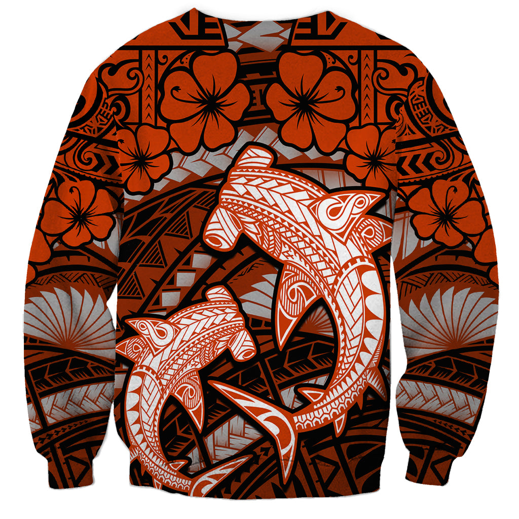 Polynesian Shark Valentine Day Sweatshirt Hibiscus and Tribal Tattoo Orange Style LT03 - Polynesian Pride