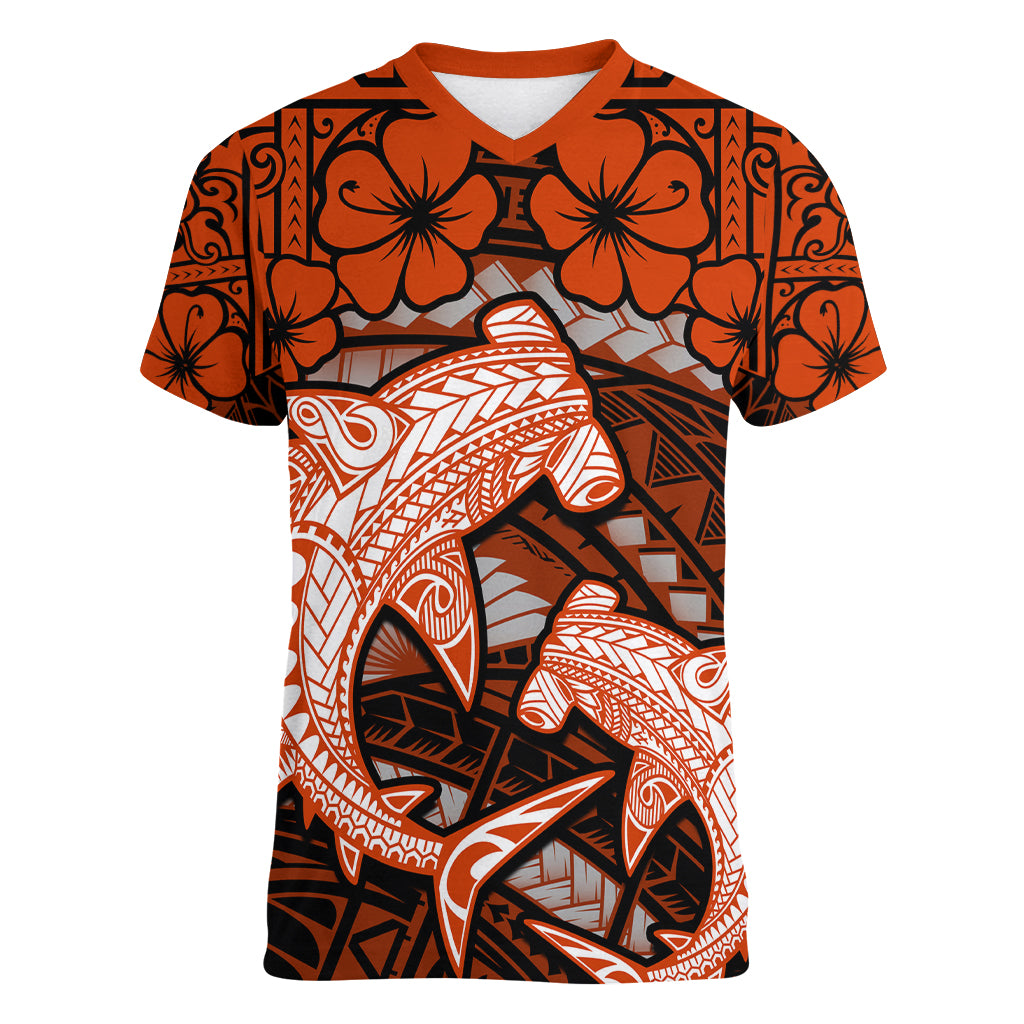 Polynesian Shark Valentine Day Women V Neck T Shirt Hibiscus and Tribal Tattoo Orange Style LT03 Female Orange - Polynesian Pride