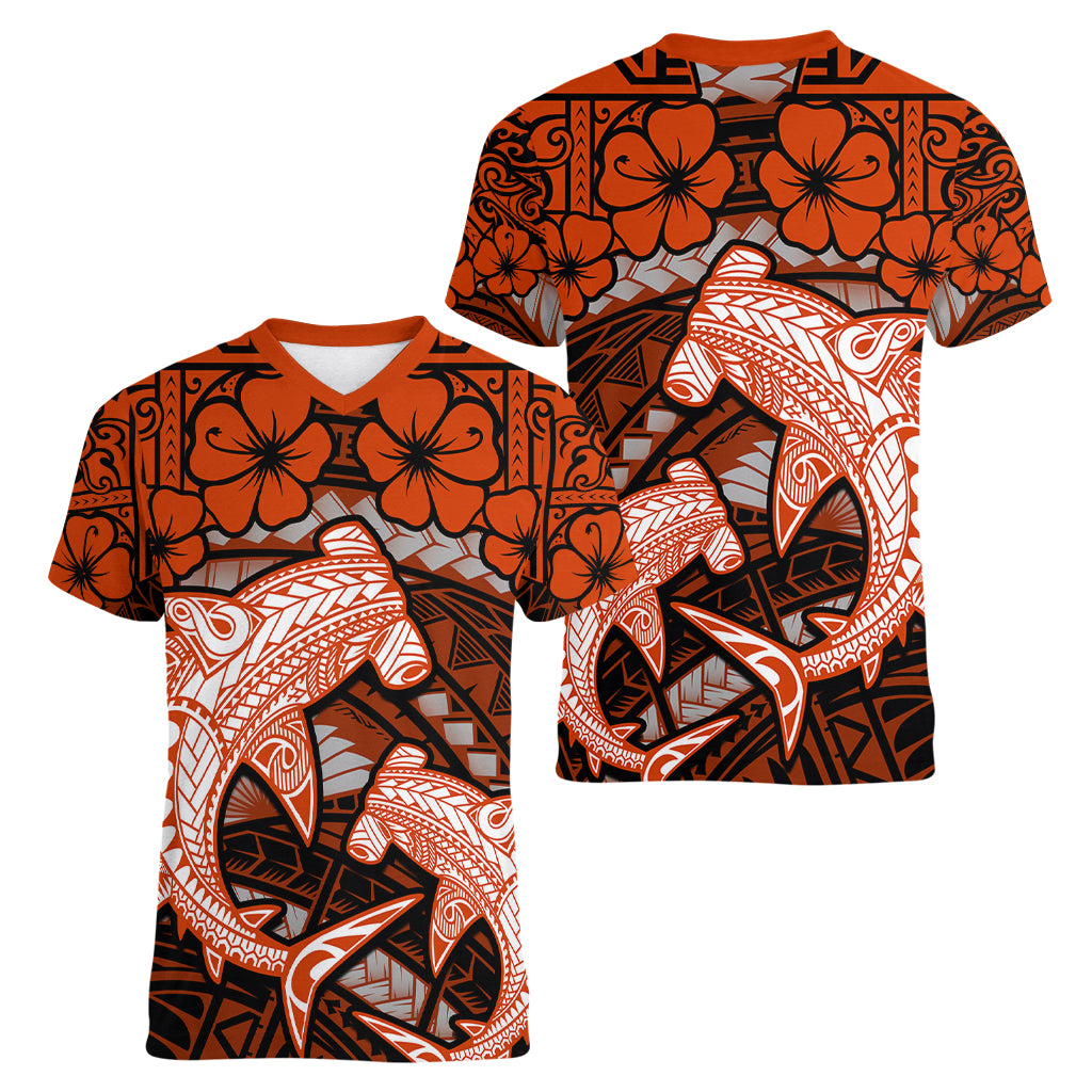 Polynesian Shark Valentine Day Women V Neck T Shirt Hibiscus and Tribal Tattoo Orange Style LT03 - Polynesian Pride