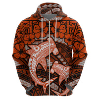 Polynesian Shark Valentine Day Zip Hoodie Hibiscus and Tribal Tattoo Orange Style LT03 - Polynesian Pride