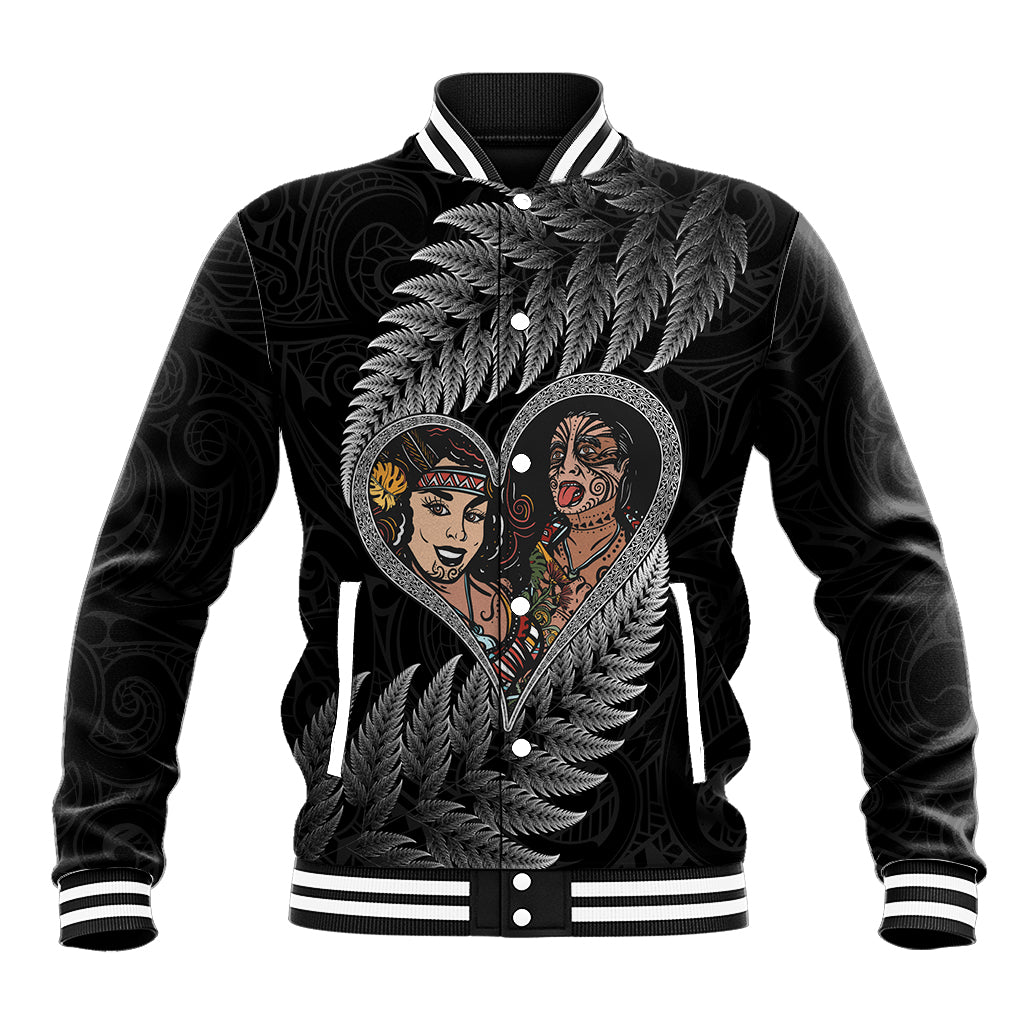 New Zealand Valentine Day Baseball Jacket Aotearoa Warrior and Woman Love Heart Maori Pattern LT03 Unisex Black - Polynesian Pride