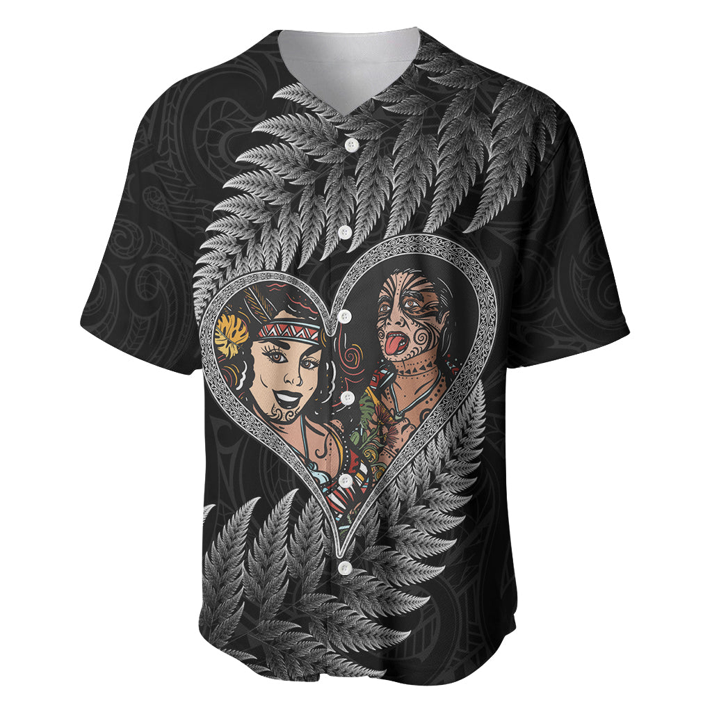 New Zealand Valentine Day Baseball Jersey Aotearoa Warrior and Woman Love Heart Maori Pattern LT03 Black - Polynesian Pride