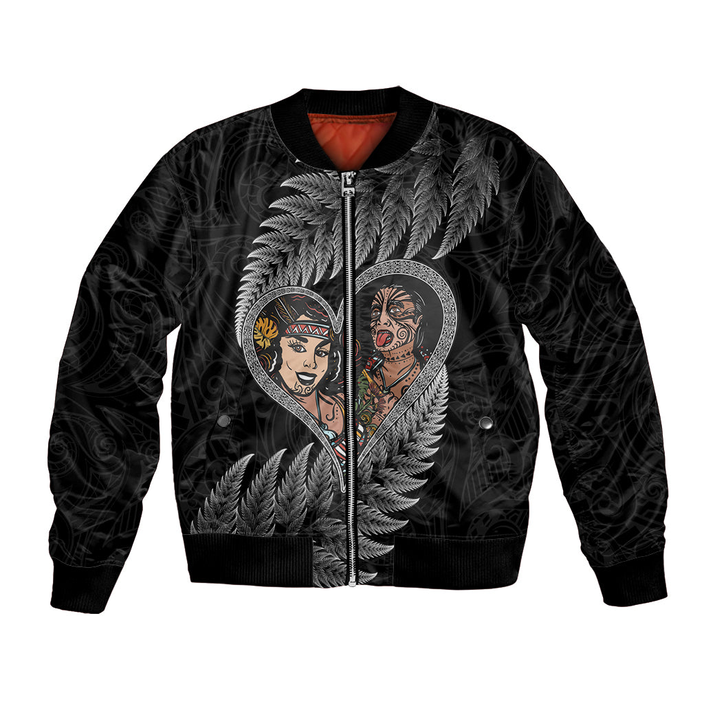 New Zealand Valentine Day Bomber Jacket Aotearoa Warrior and Woman Love Heart Maori Pattern LT03 Unisex Black - Polynesian Pride