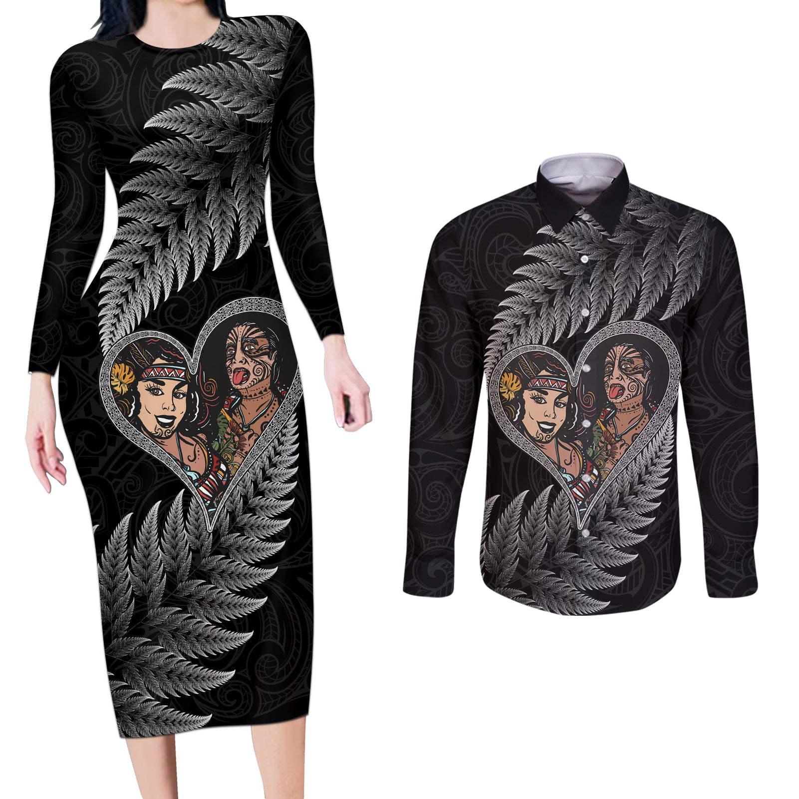 New Zealand Valentine Day Couples Matching Long Sleeve Bodycon Dress and Long Sleeve Button Shirt Aotearoa Warrior and Woman Love Heart Maori Pattern LT03 Black - Polynesian Pride