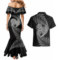 New Zealand Valentine Day Couples Matching Mermaid Dress and Hawaiian Shirt Aotearoa Warrior and Woman Love Heart Maori Pattern LT03 - Polynesian Pride