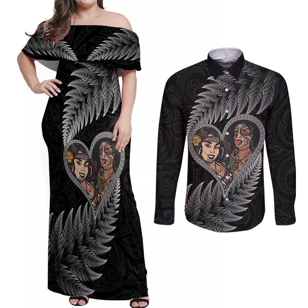 New Zealand Valentine Day Couples Matching Off Shoulder Maxi Dress and Long Sleeve Button Shirt Aotearoa Warrior and Woman Love Heart Maori Pattern LT03 Black - Polynesian Pride