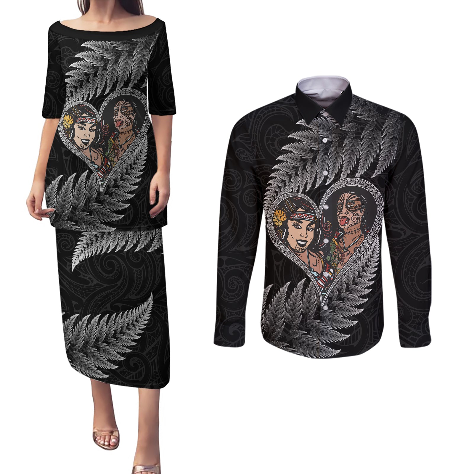 New Zealand Valentine Day Couples Matching Puletasi and Long Sleeve Button Shirt Aotearoa Warrior and Woman Love Heart Maori Pattern LT03 Black - Polynesian Pride