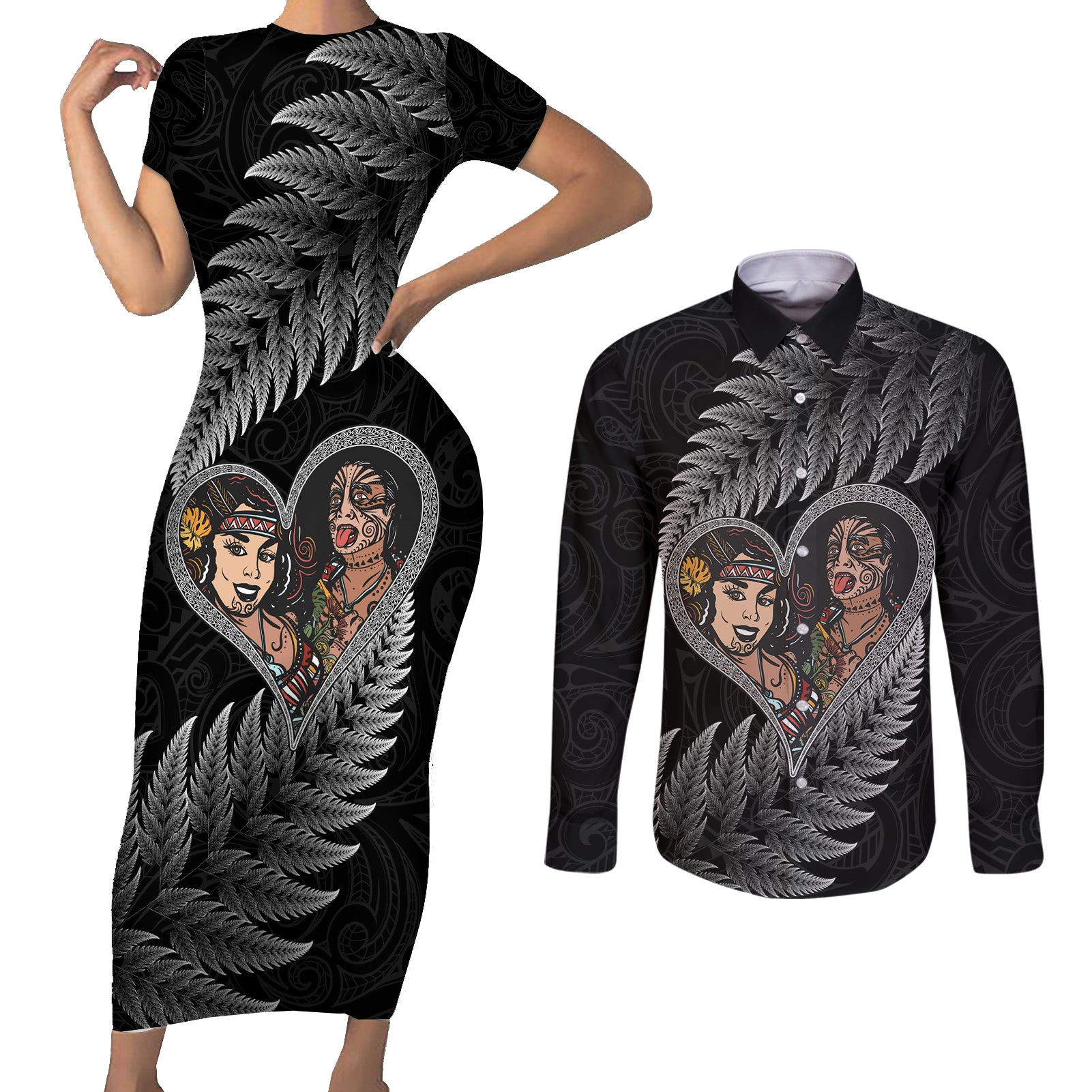 New Zealand Valentine Day Couples Matching Short Sleeve Bodycon Dress and Long Sleeve Button Shirt Aotearoa Warrior and Woman Love Heart Maori Pattern LT03 Black - Polynesian Pride