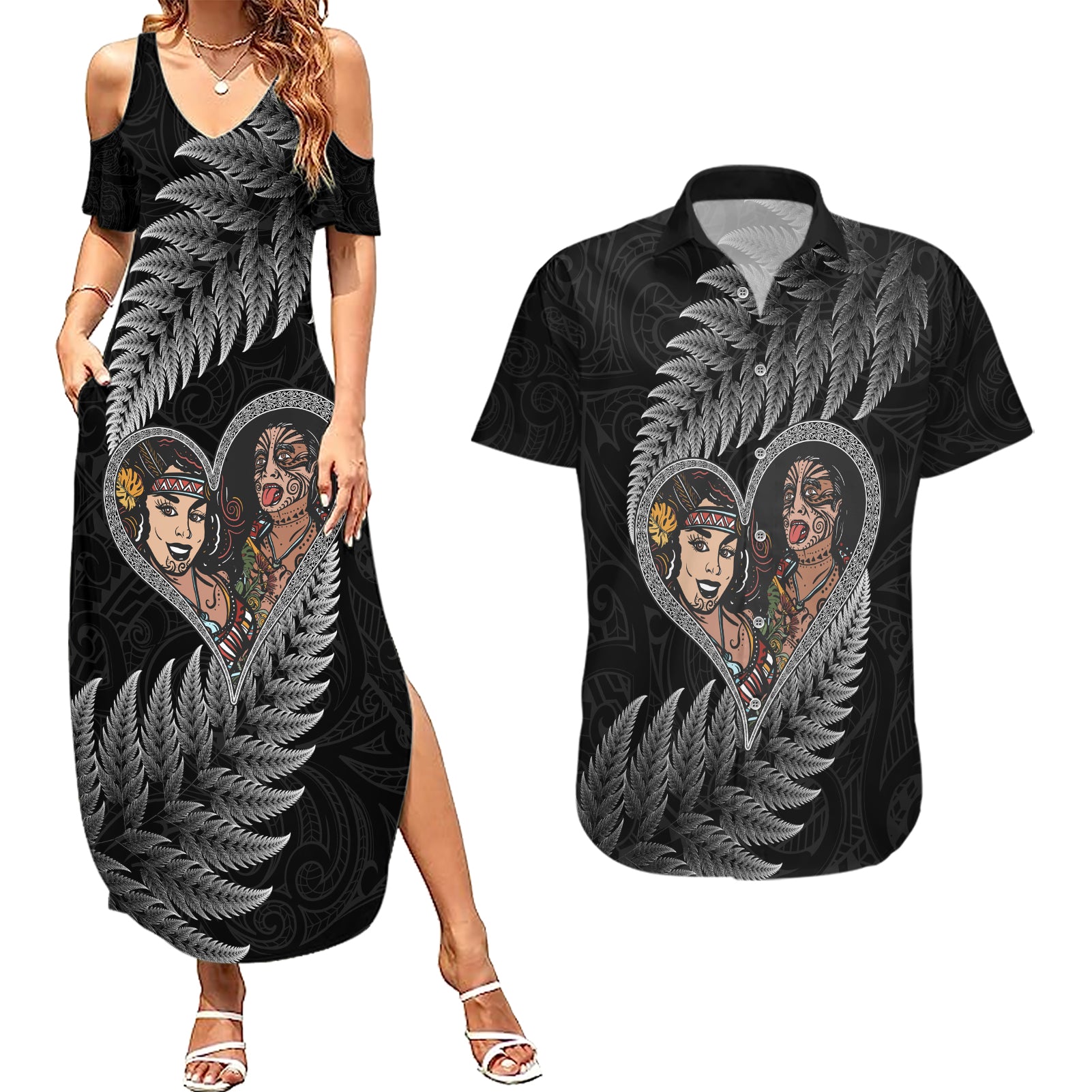 New Zealand Valentine Day Couples Matching Summer Maxi Dress and Hawaiian Shirt Aotearoa Warrior and Woman Love Heart Maori Pattern LT03 Black - Polynesian Pride