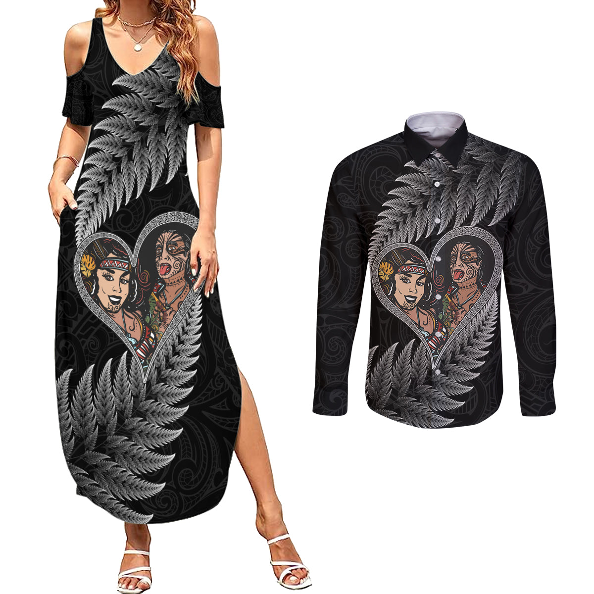 New Zealand Valentine Day Couples Matching Summer Maxi Dress and Long Sleeve Button Shirt Aotearoa Warrior and Woman Love Heart Maori Pattern LT03 Black - Polynesian Pride