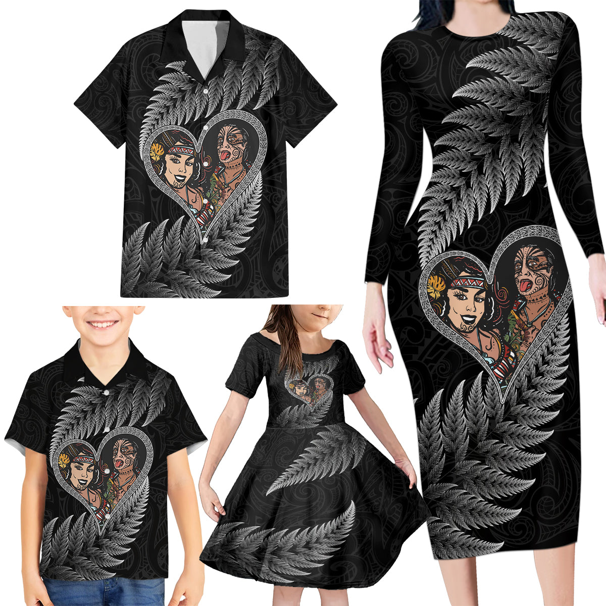 New Zealand Valentine Day Family Matching Long Sleeve Bodycon Dress and Hawaiian Shirt Aotearoa Warrior and Woman Love Heart Maori Pattern LT03 - Polynesian Pride