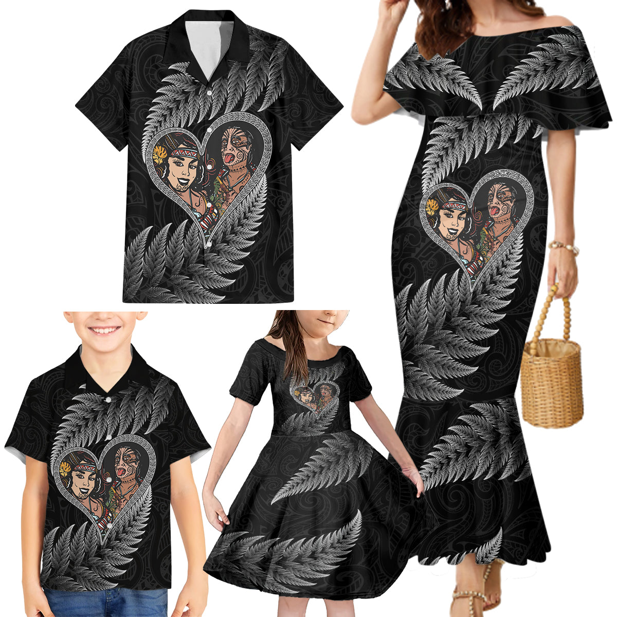 New Zealand Valentine Day Family Matching Mermaid Dress and Hawaiian Shirt Aotearoa Warrior and Woman Love Heart Maori Pattern LT03 - Polynesian Pride