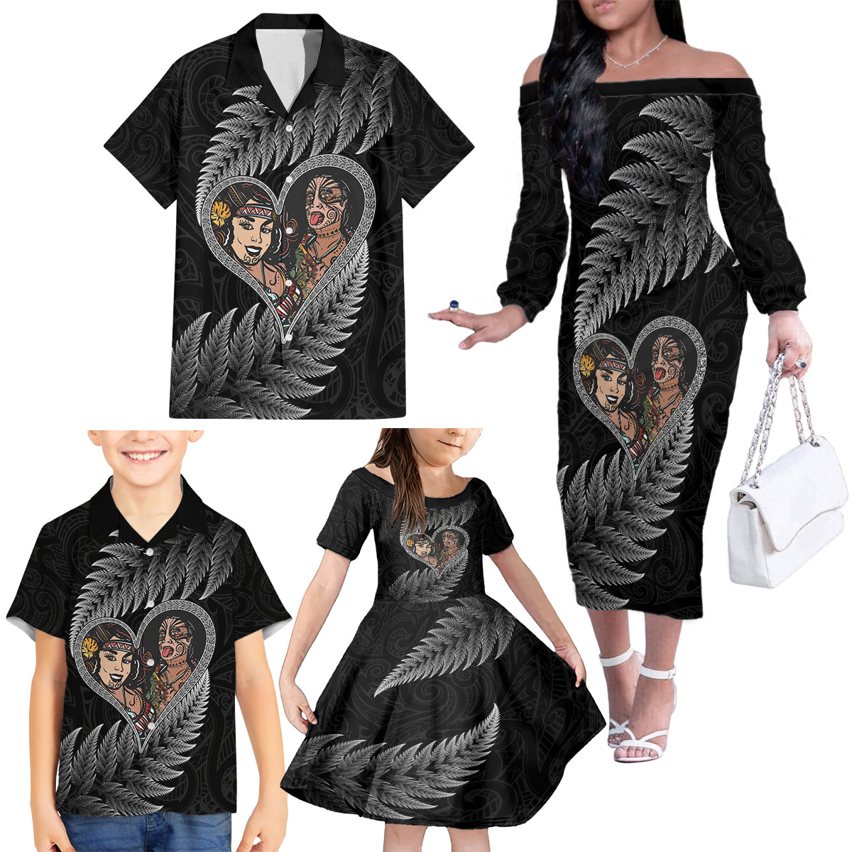 New Zealand Valentine Day Family Matching Off Shoulder Long Sleeve Dress and Hawaiian Shirt Aotearoa Warrior and Woman Love Heart Maori Pattern LT03 - Polynesian Pride