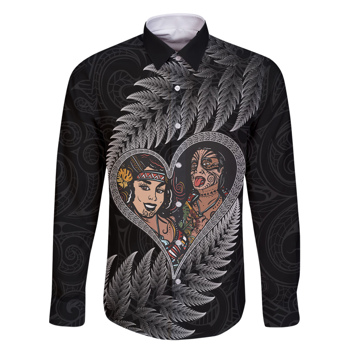 New Zealand Valentine Day Family Matching Off Shoulder Long Sleeve Dress and Hawaiian Shirt Aotearoa Warrior and Woman Love Heart Maori Pattern LT03 Dad's Shirt - Long Sleeve Black - Polynesian Pride